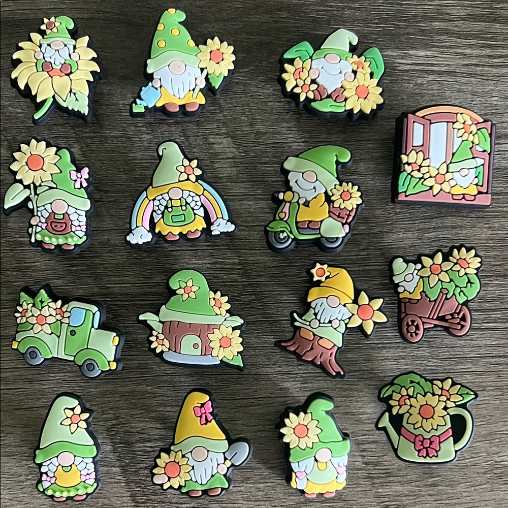 JIBBITZ. New GNOME LIFE. Set of 15. Fits Crocs & similar. Fun to share. 🌼🌼